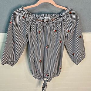 Kontrol Off The Shoulder Pinstripe w/Flowers Top